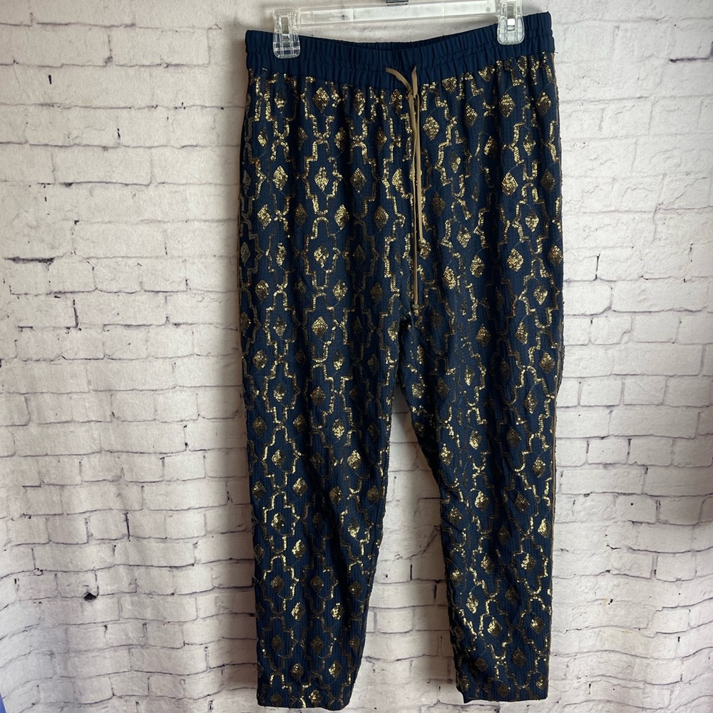 Anthropologie Hei hei size medium navy blue and gold sequin pants
